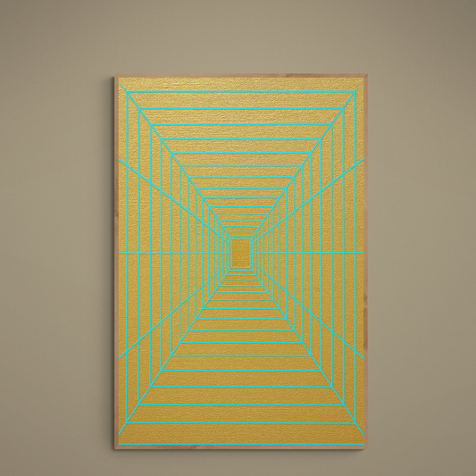 Turquoise converging grid lines on a textured gold abstract matte paper poster
