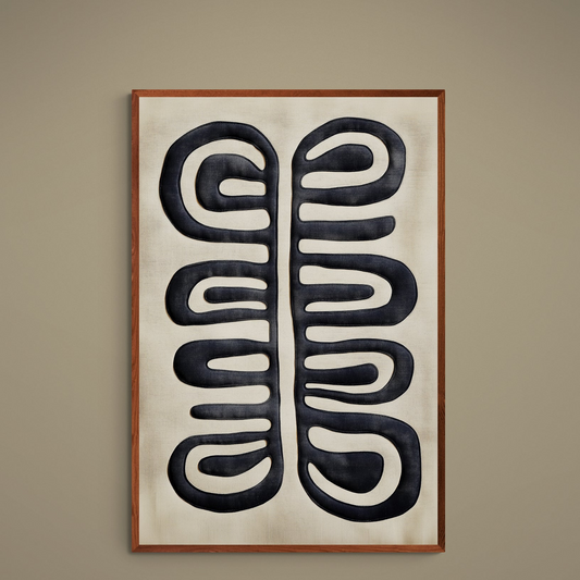Black looped abstract brushstrokes on cream textured matte paper poster in portrait orientation