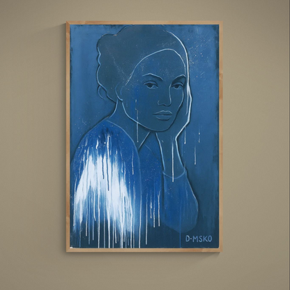 Navy blue drip-paint portrait poster on white background with D-MSKO signature