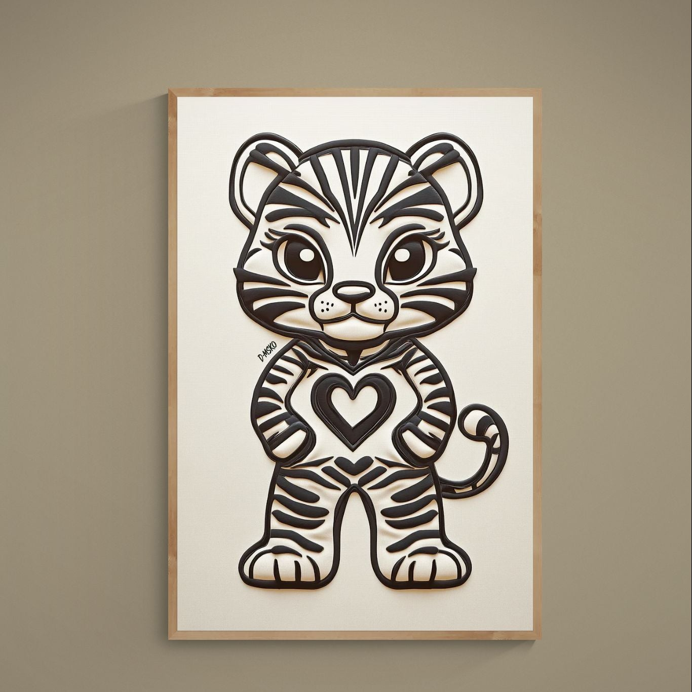 Black line art tiger with heart on chest on beige textured matte paper poster, signed Damsko