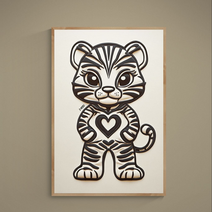 Black line art tiger with heart on chest on beige textured matte paper poster, signed Damsko