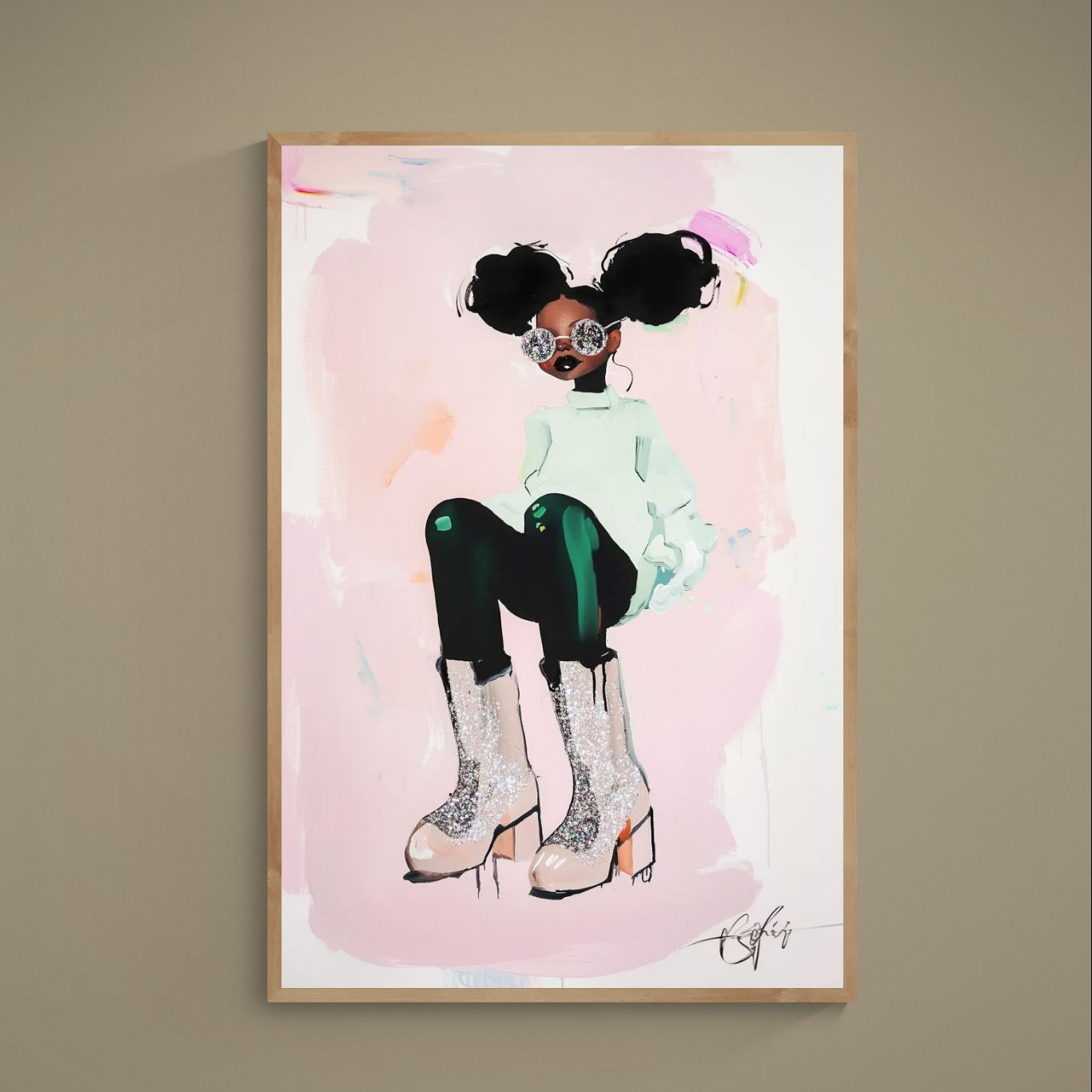 Unframed poster of seated fashion figure with pink background, mint sweater, glitter sunglasses and boots
