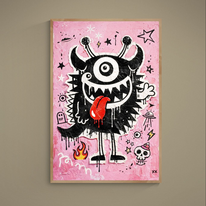 One-eyed cartoon monster street art poster on pink graffiti background with red tongue and doodles