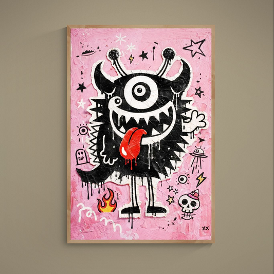 One-eyed cartoon monster street art poster on pink graffiti background with red tongue and doodles