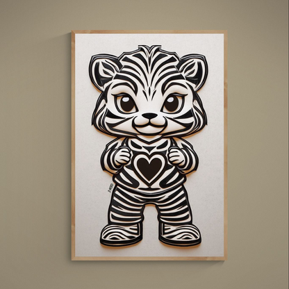 Minimalist cartoon tiger holding a heart on beige matte poster background