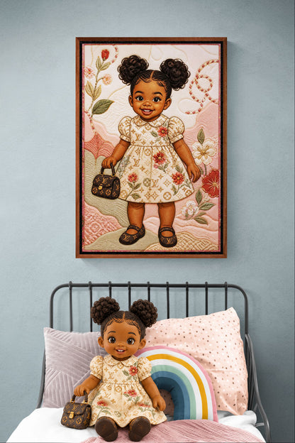 Little Luxe Black Girl Framed Canvas Quilted-Style Textile-Inspired