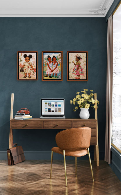 Little Luxe Black Girl Framed Canvas Quilted-Style Textile-Inspired