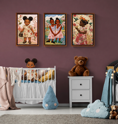 Little Luxe Black Girl Framed Canvas Quilted-Style Textile-Inspired