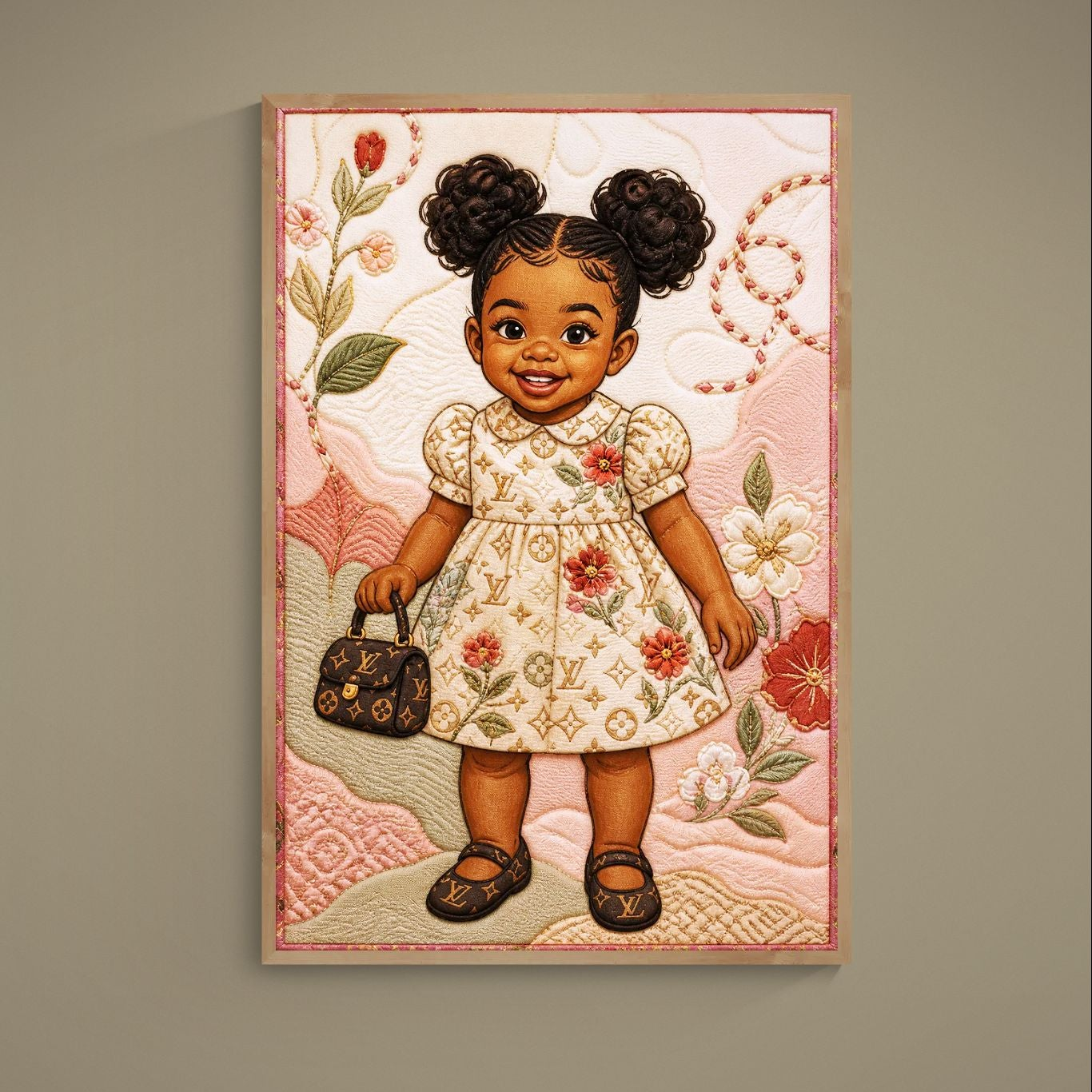 Quilt-inspired matte poster of a smiling Black toddler with afro hair in double buns, pink-beige floral border.