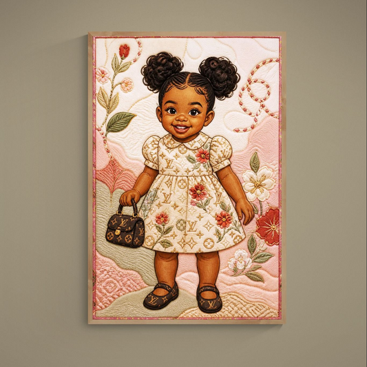 Quilt-inspired matte poster of a smiling Black toddler with afro hair in double buns, pink-beige floral border.