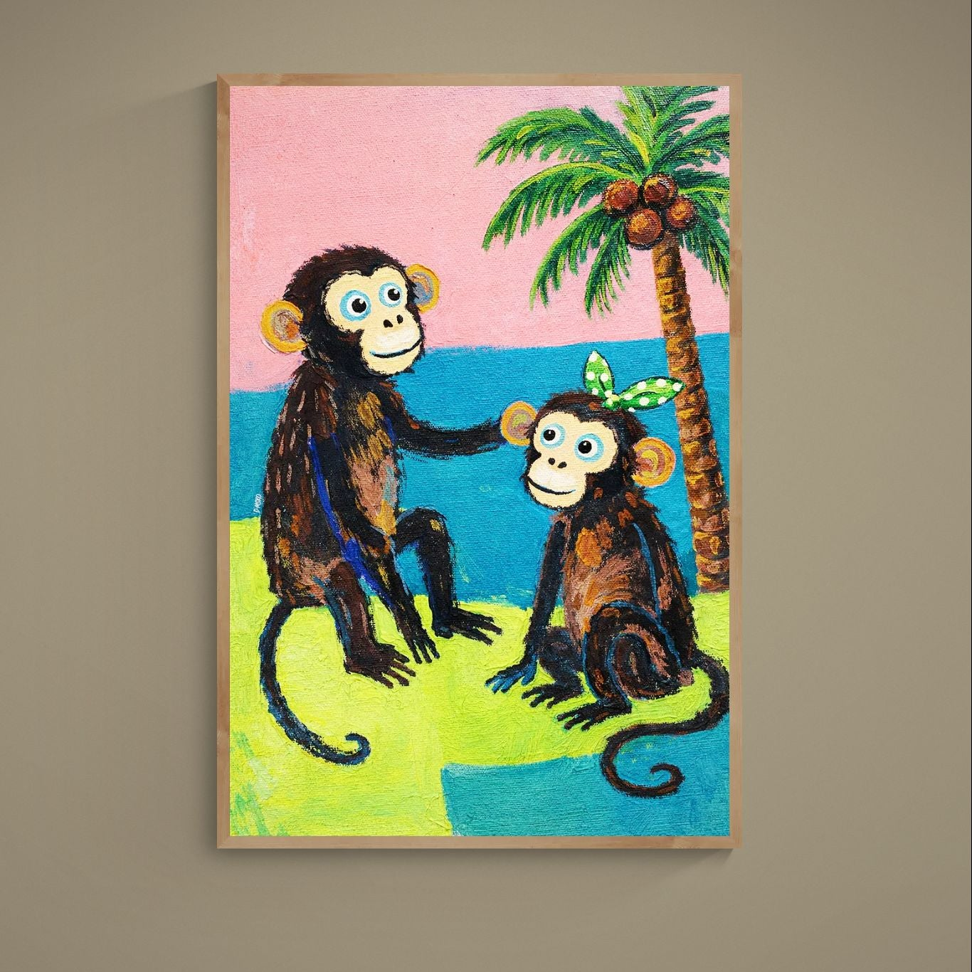 Naive pop poster with two wide-eyed monkeys, palm tree, coconuts, and pink blue color blocks