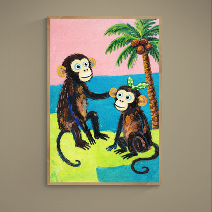 Naive pop poster with two wide-eyed monkeys, palm tree, coconuts, and pink blue color blocks
