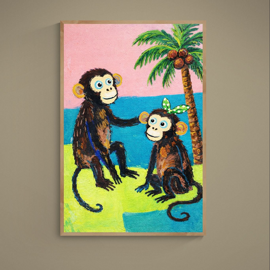 Naive pop poster with two wide-eyed monkeys, palm tree, coconuts, and pink blue color blocks