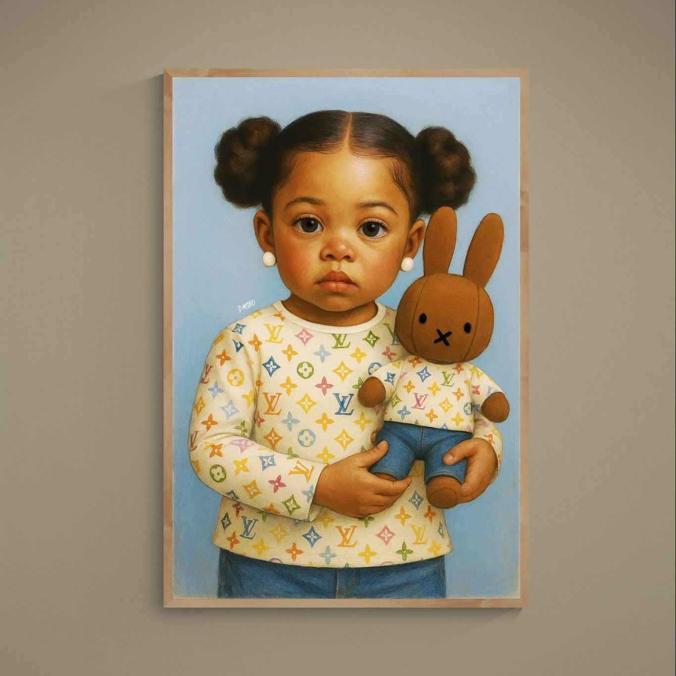 Photorealistic toddler portrait holding a brown stuffed rabbit on a blue background, matte poster print