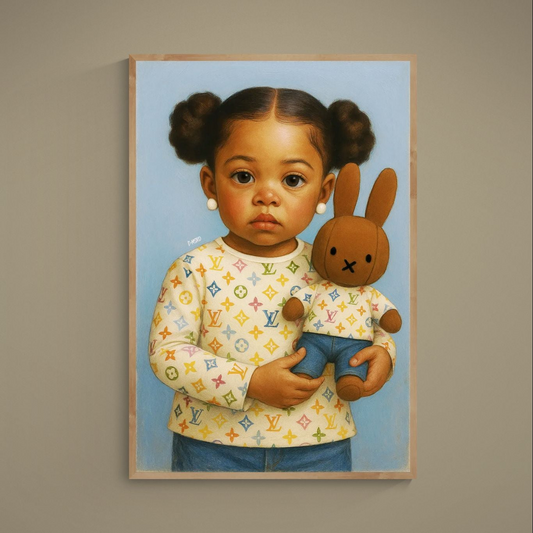 Photorealistic toddler portrait holding a brown stuffed rabbit on a blue background, matte poster print