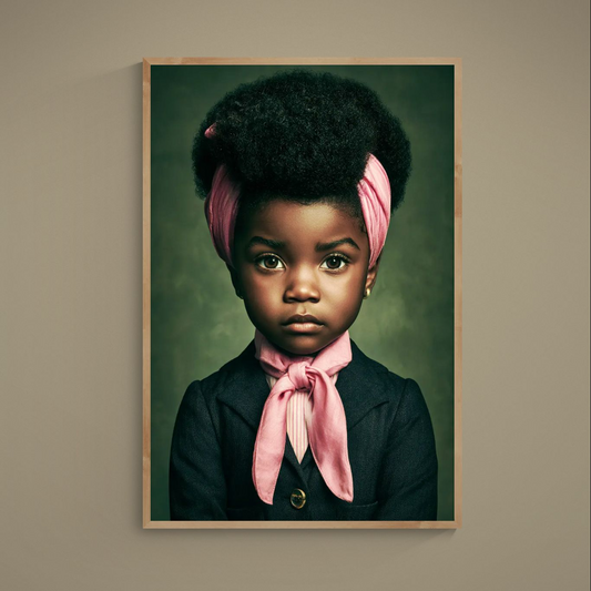 Afrocentric natural hair poster print of a young Black girl with a voluminous afro crown, pink headscarf, photorealistic matt