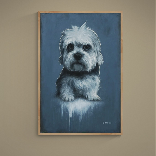 White fluffy dog with oversized dark eyes on a deep navy background, unframed matte poster