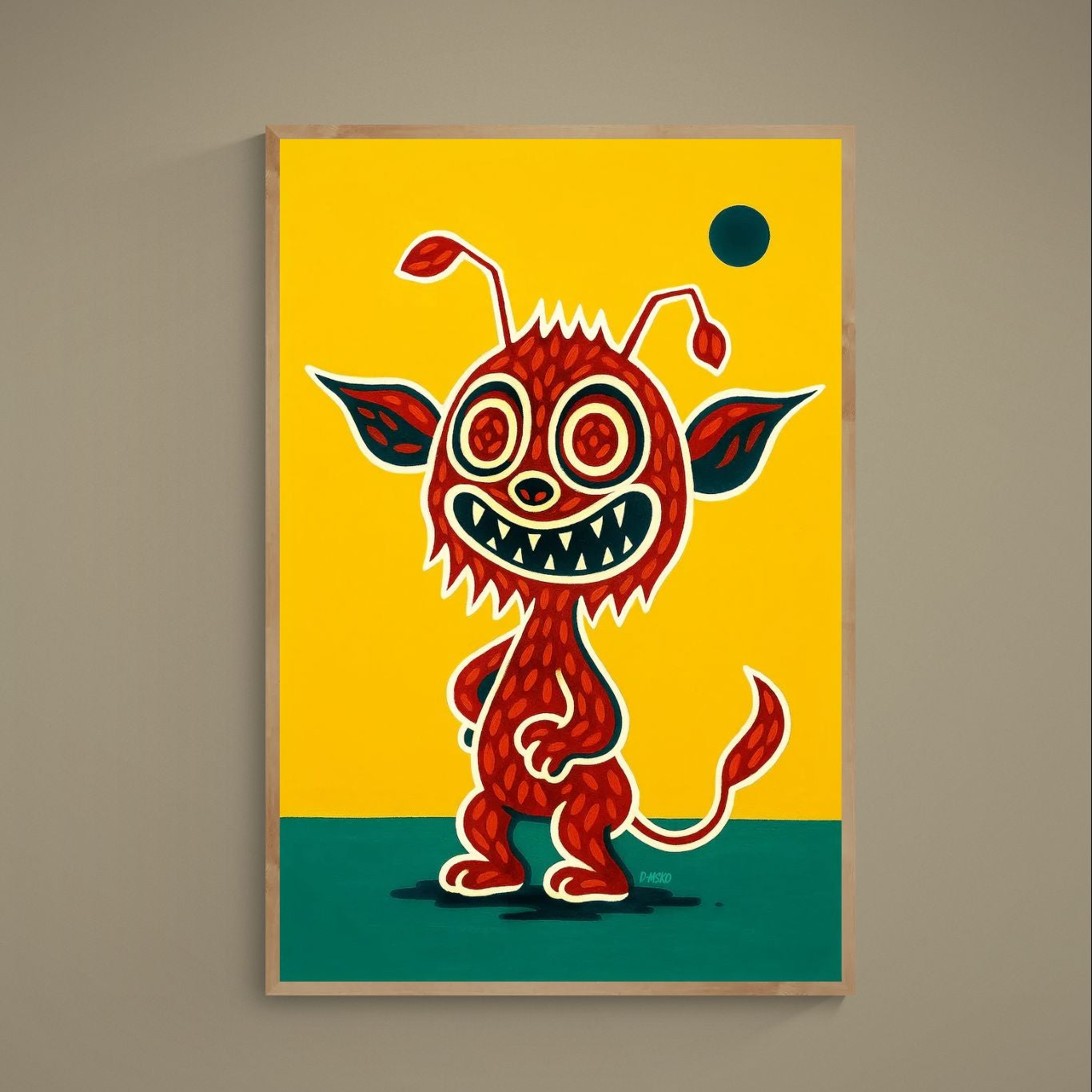 Pop art poster of a red trickster creature with concentric eyes on yellow and green background