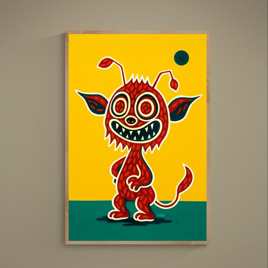 Pop art poster of a red trickster creature with concentric eyes on yellow and green background