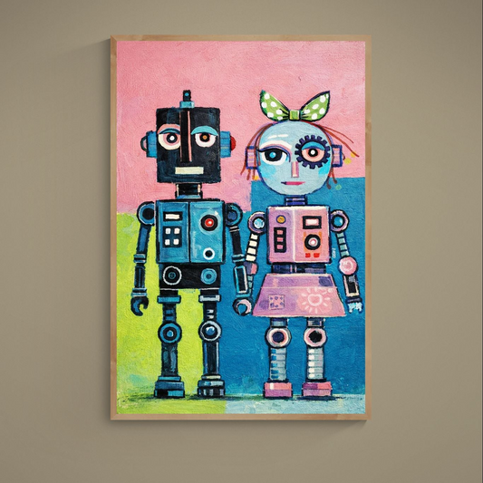 Colorful pop art poster of two stylized robots with bold outlines and a polka-dot bow