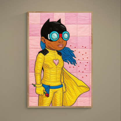 Pop art superhero poster with yellow suit, blue hair, turquoise goggles, pink checkered heart background and red rose