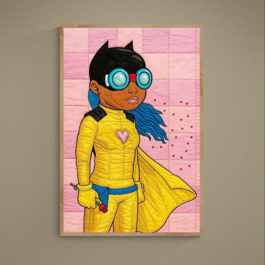 Pop art superhero poster with yellow suit, blue hair, turquoise goggles, pink checkered heart background and red rose