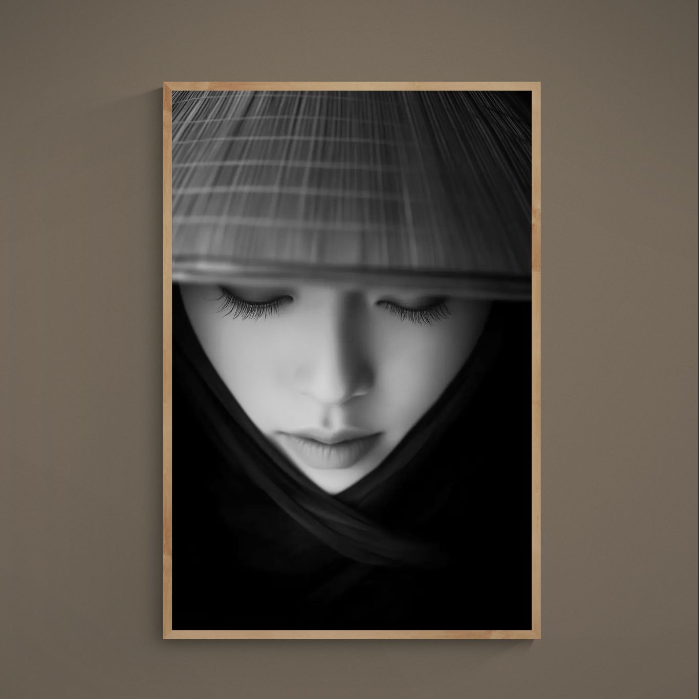 Black-and-white close-up portrait poster of a woman with closed eyes and long lashes