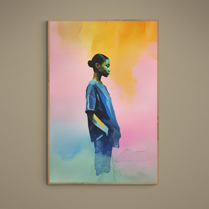 Blue female silhouette on pink, orange, yellow and green watercolor wash matte poster