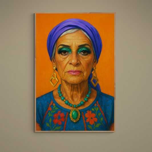Realist portrait poster of a woman with purple headscarf, gold earrings, turquoise jewelry, and orange background