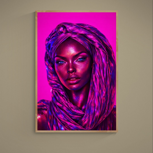 Vertical magenta and purple photorealistic portrait poster with headwrap and blue highlights