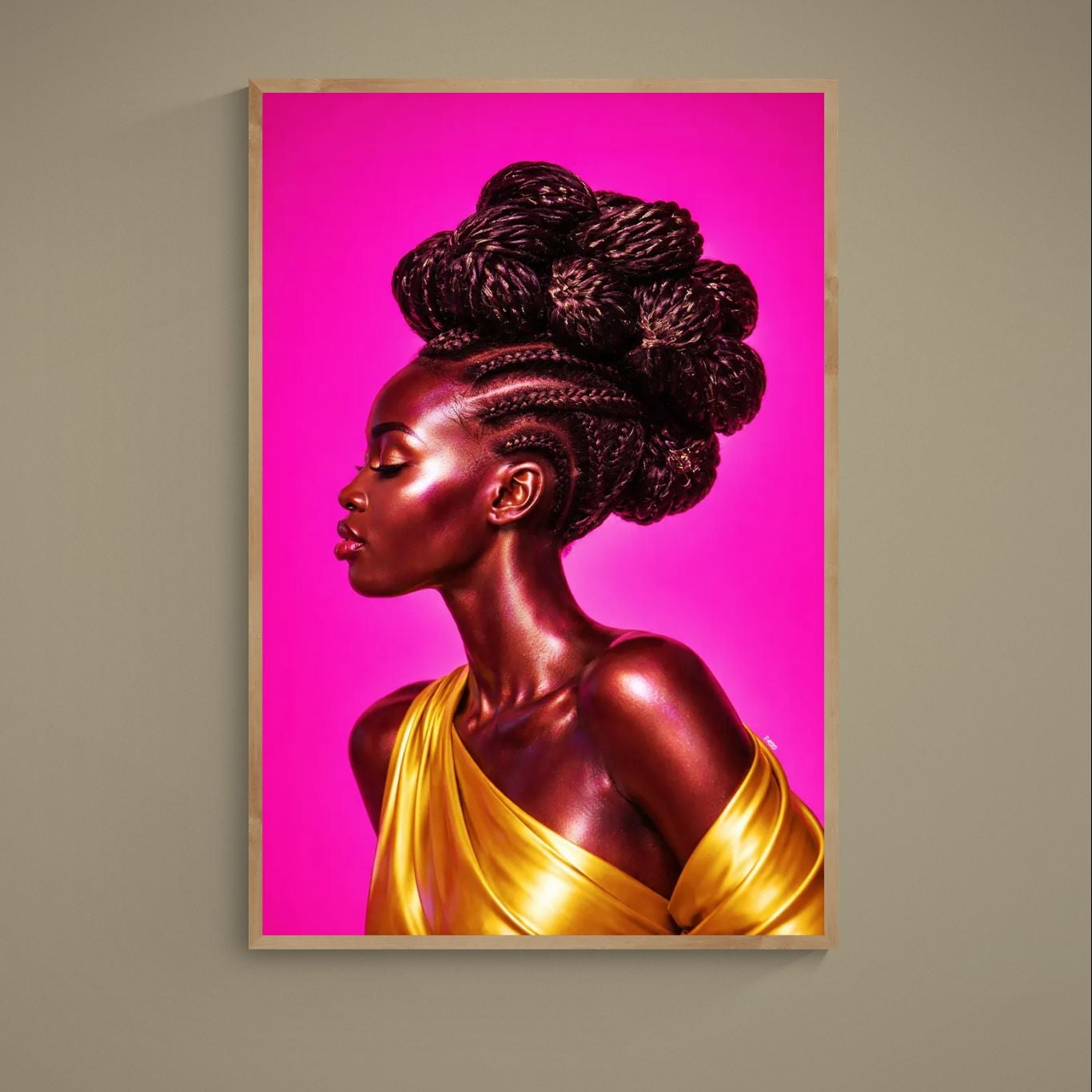 Side-profile Black woman portrait with braided updo, gold drape, and magenta background