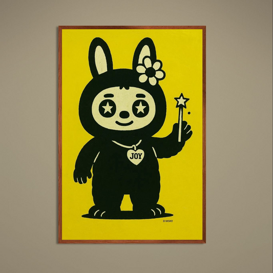 Black pop art bunny with star eyes, wand, flower ear detail, and JOY heart on yellow matte poster