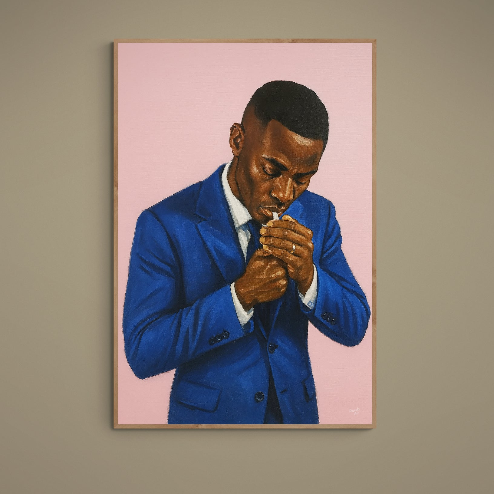 Unframed poster of a man in a blue suit lighting a cigarette on a pink background