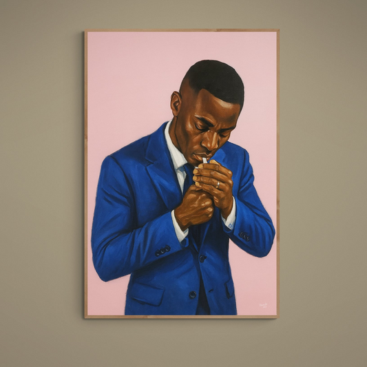 Unframed poster of a man in a blue suit lighting a cigarette on a pink background