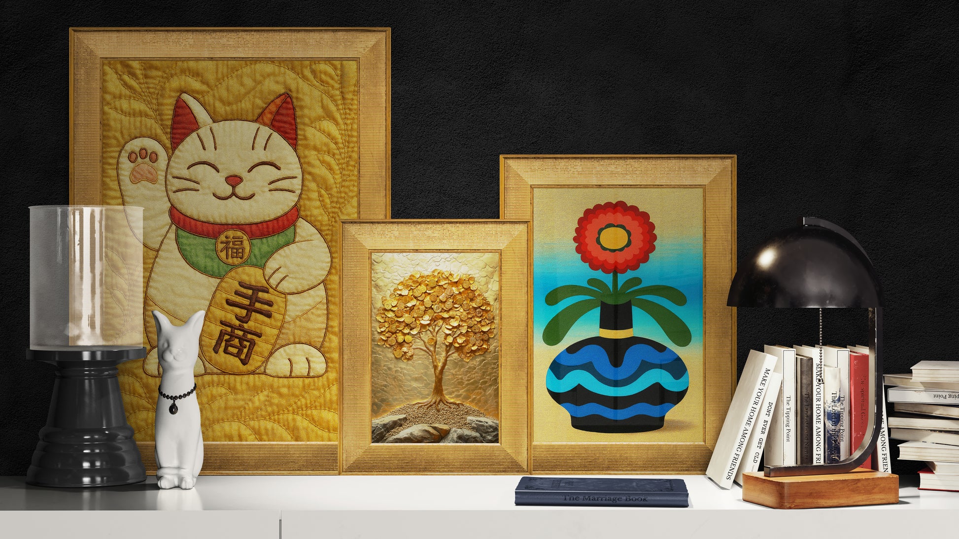 Maneki Neko Enchanted Quilt-Style Matte Print - Kawaii