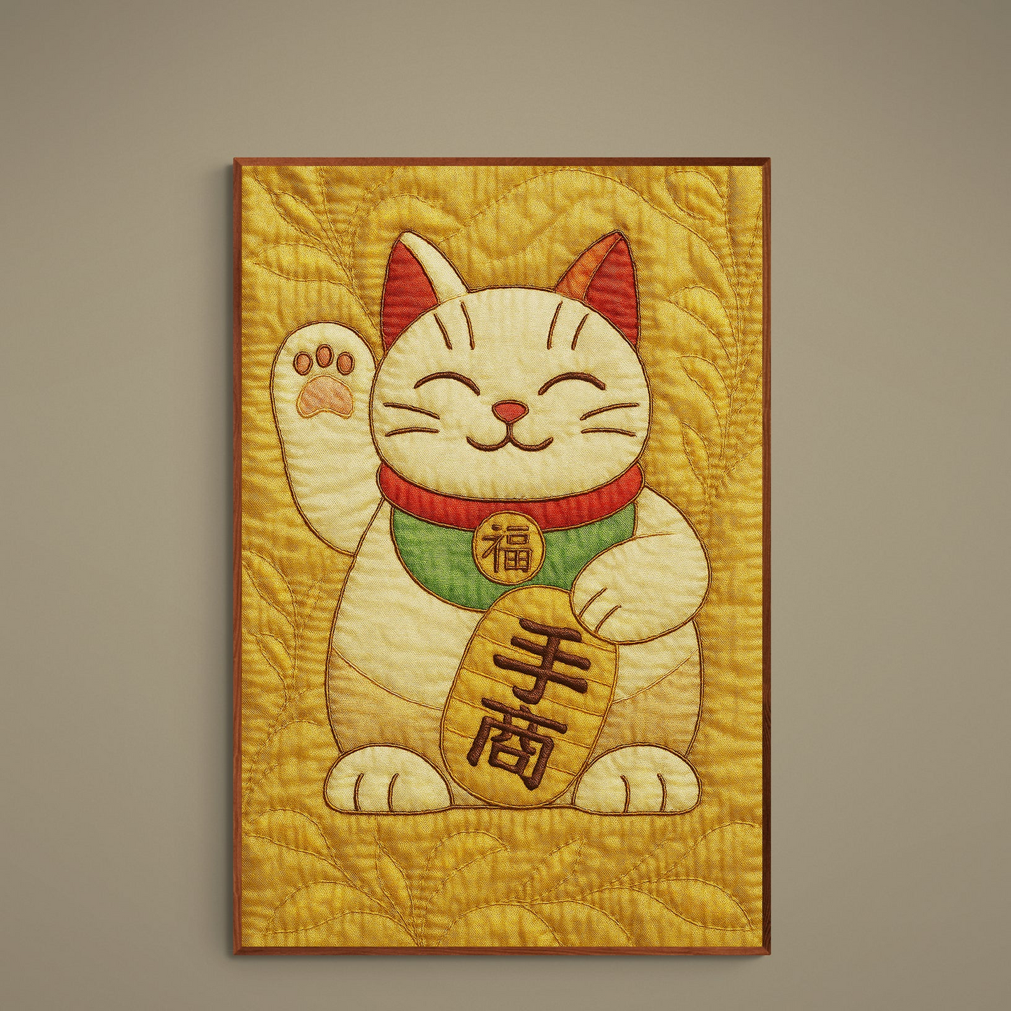 Unframed portrait poster of a smiling Maneki Neko lucky cat with quilted texture on a warm gold background