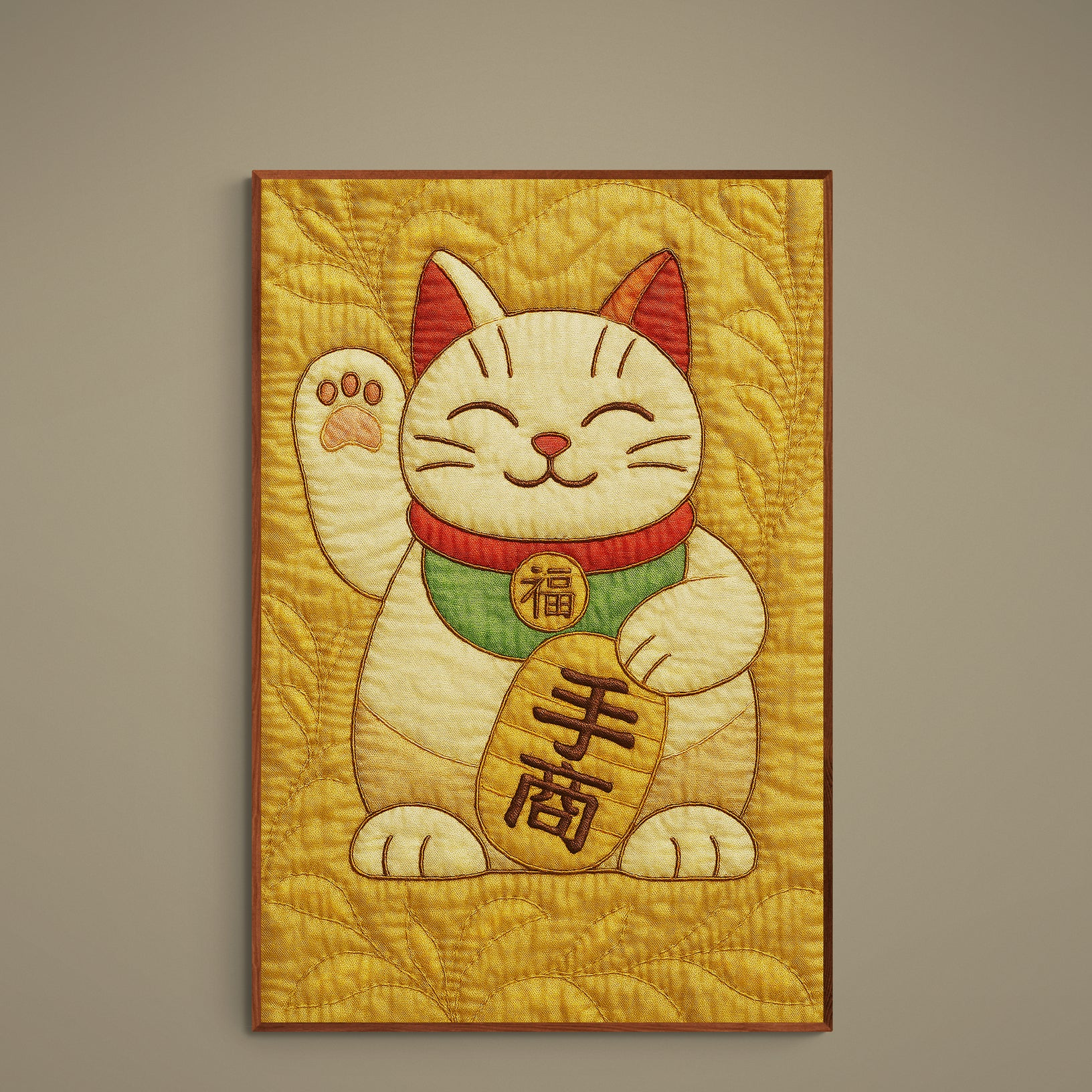 Unframed portrait poster of a smiling Maneki Neko lucky cat with quilted texture on a warm gold background
