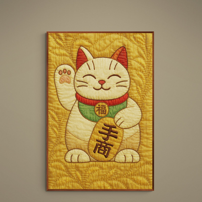 Unframed portrait poster of a smiling Maneki Neko lucky cat with quilted texture on a warm gold background