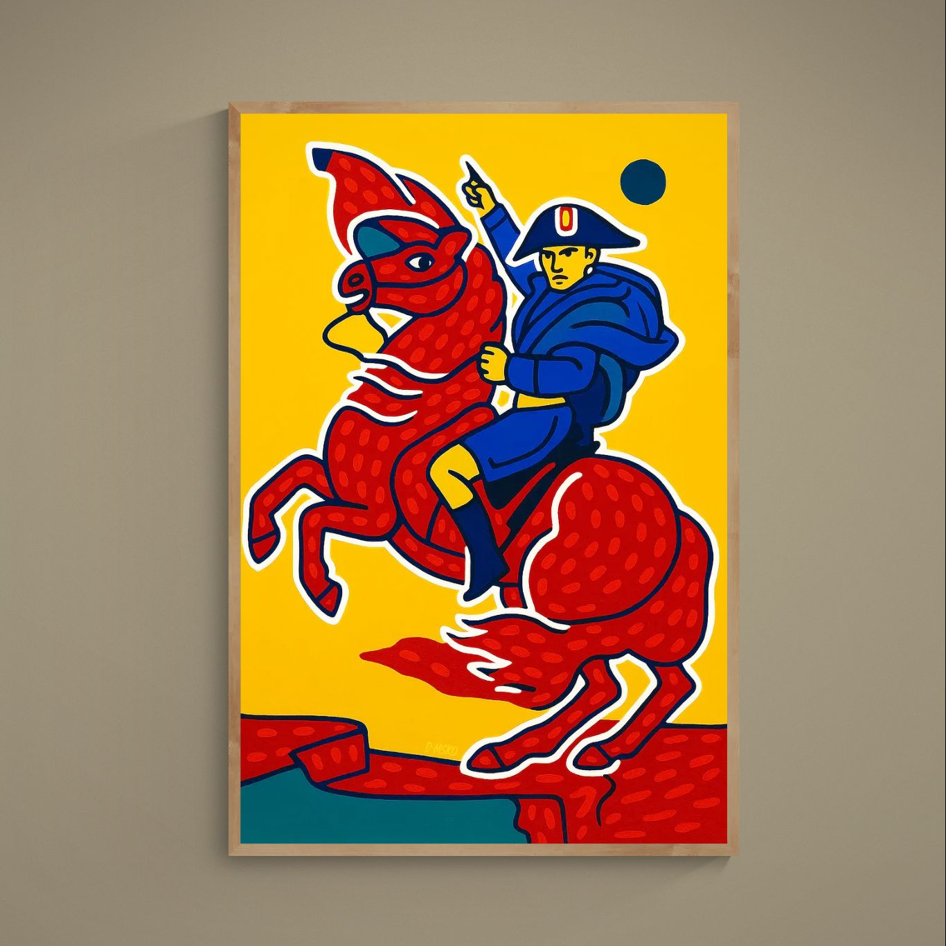Pop art poster of a blue rider on a rearing red horse against a yellow background