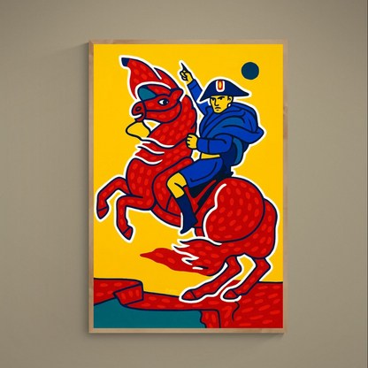 Pop art poster of a blue rider on a rearing red horse against a yellow background