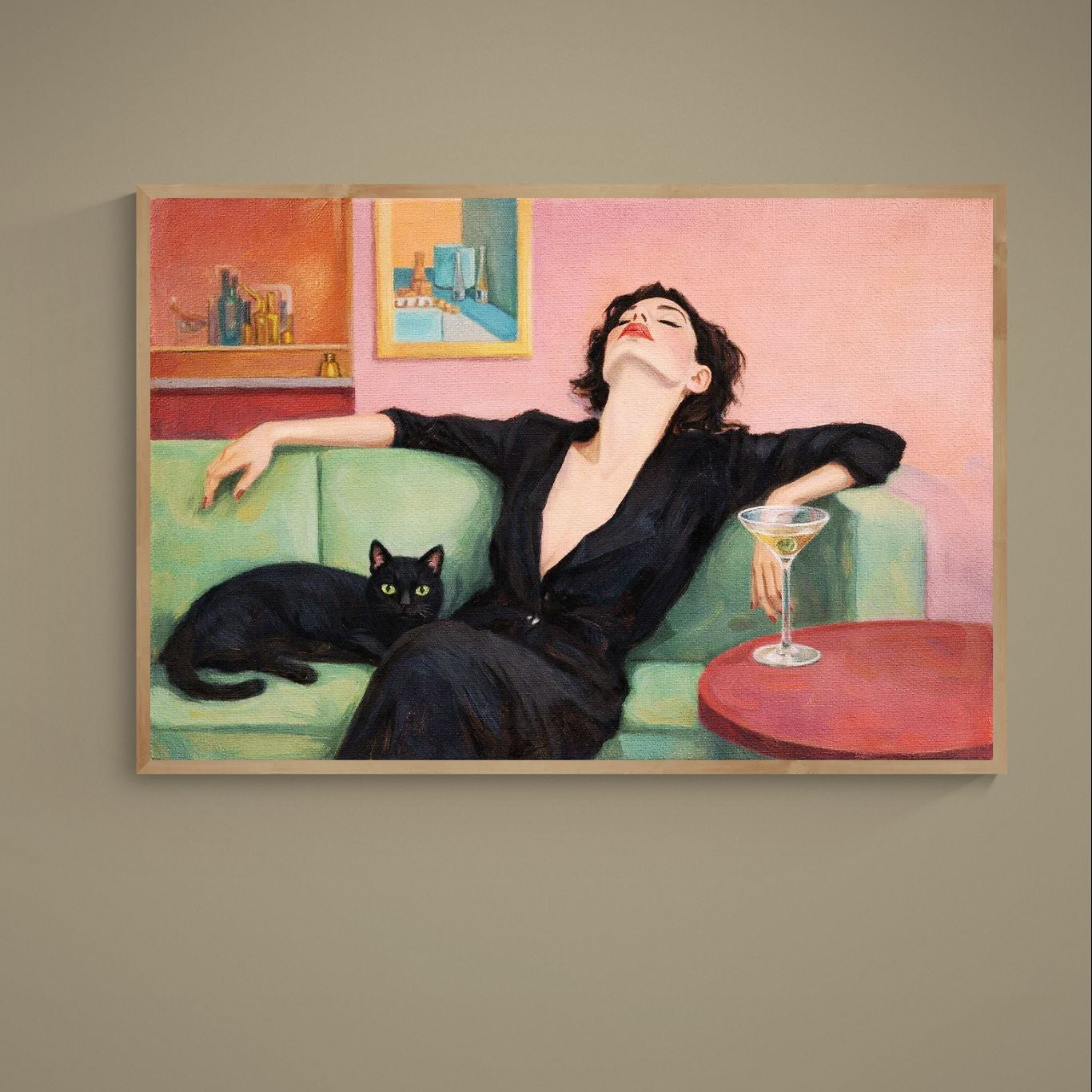 Retro pop poster of reclining woman, black cat on green sofa, martini glass, and pink wall