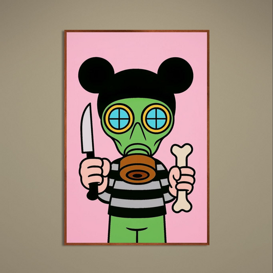 Pop art poster of green gas mask character with blue goggles on pink background