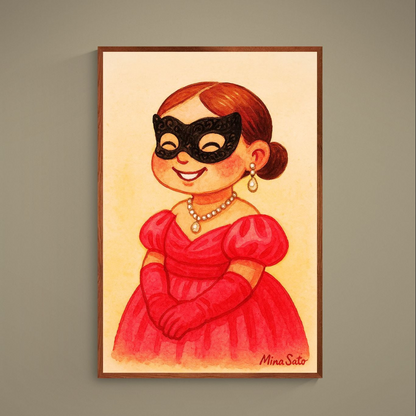 Watercolor portrait poster of smiling woman in red gown, black masquerade mask and pearls on beige background