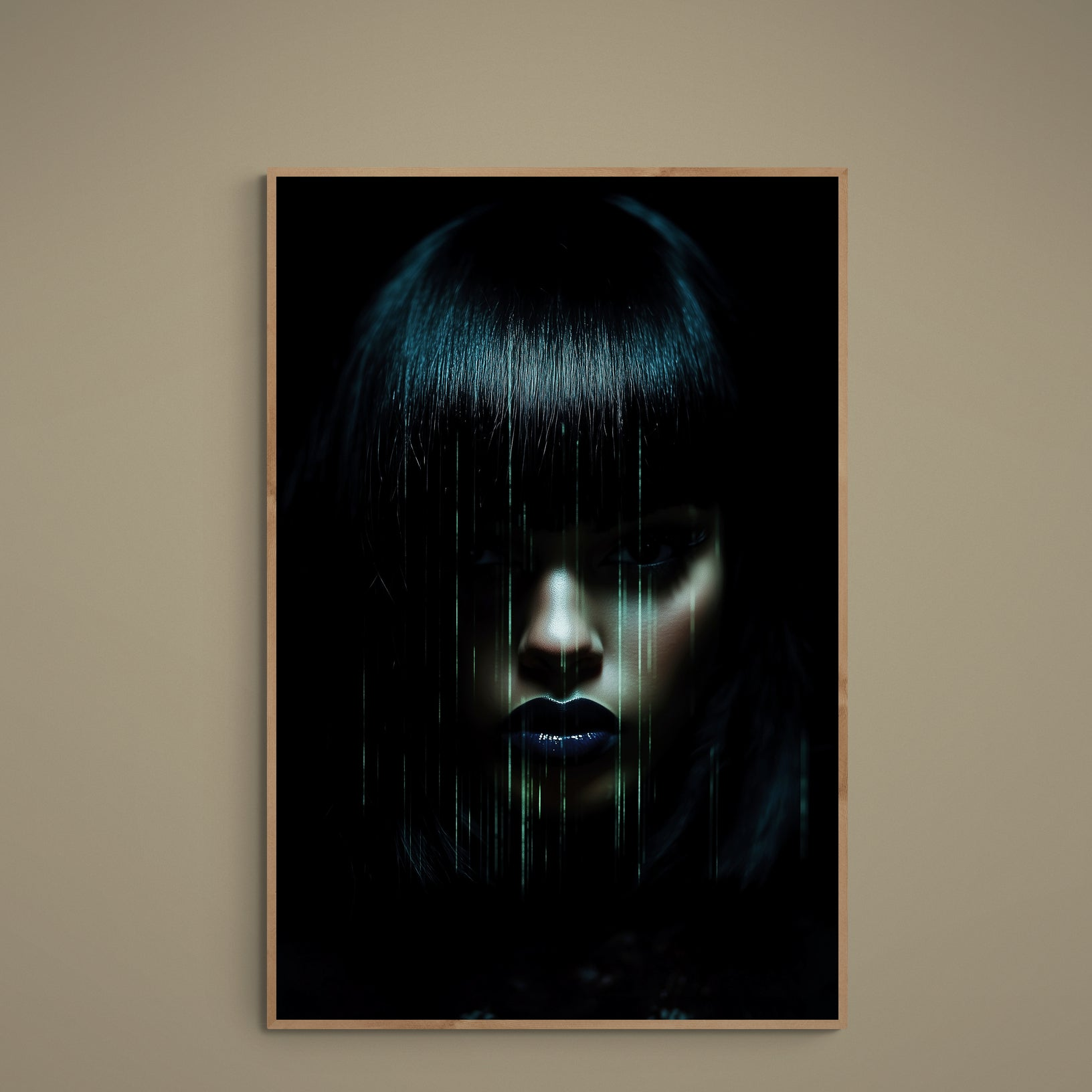 Photoreal female portrait with turquoise glitch lines on black cyberpunk matte poster
