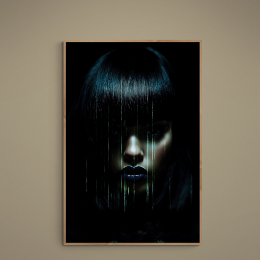 Photoreal female portrait with turquoise glitch lines on black cyberpunk matte poster