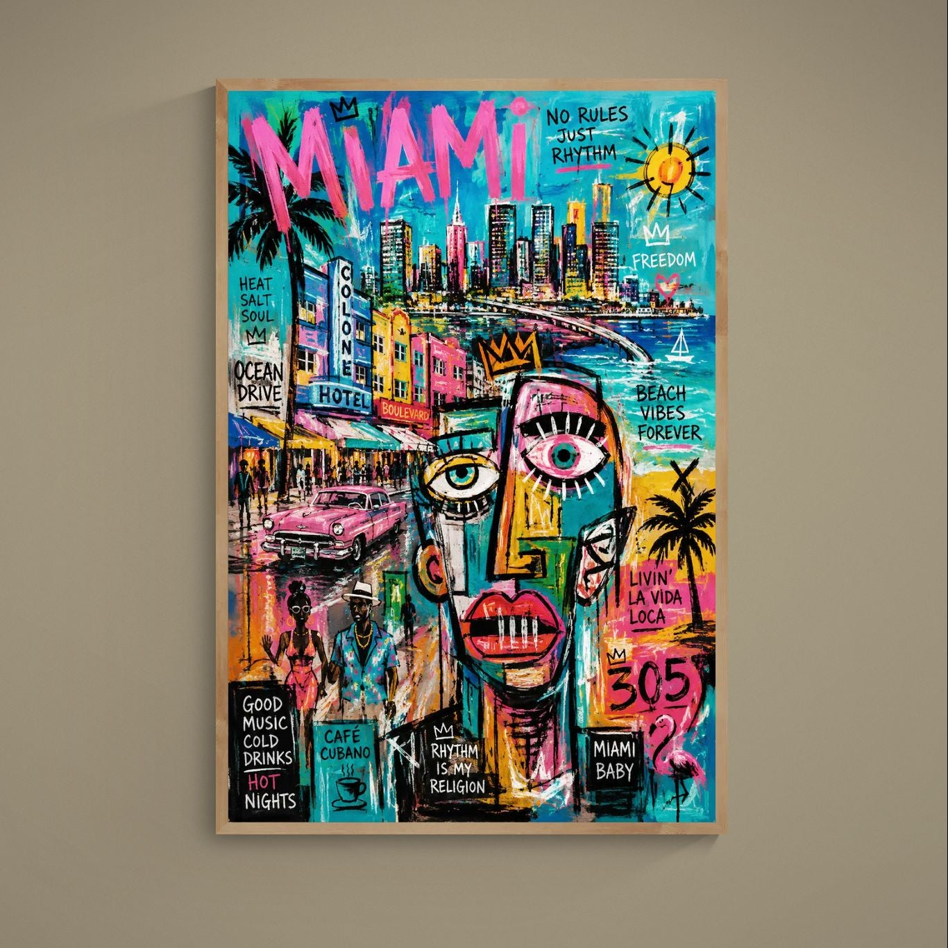 305 area code Miami street art matte poster with neon Ocean Drive, palm trees, and a vintage pink car