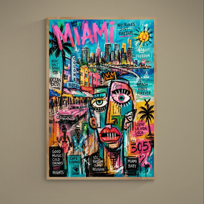 305 area code Miami street art matte poster with neon Ocean Drive, palm trees, and a vintage pink car