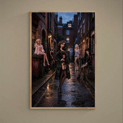 Gothic fashion poster with midnight doll scene: photorealistic dolls in a rain-slick urban alley, matte paper, vertical.