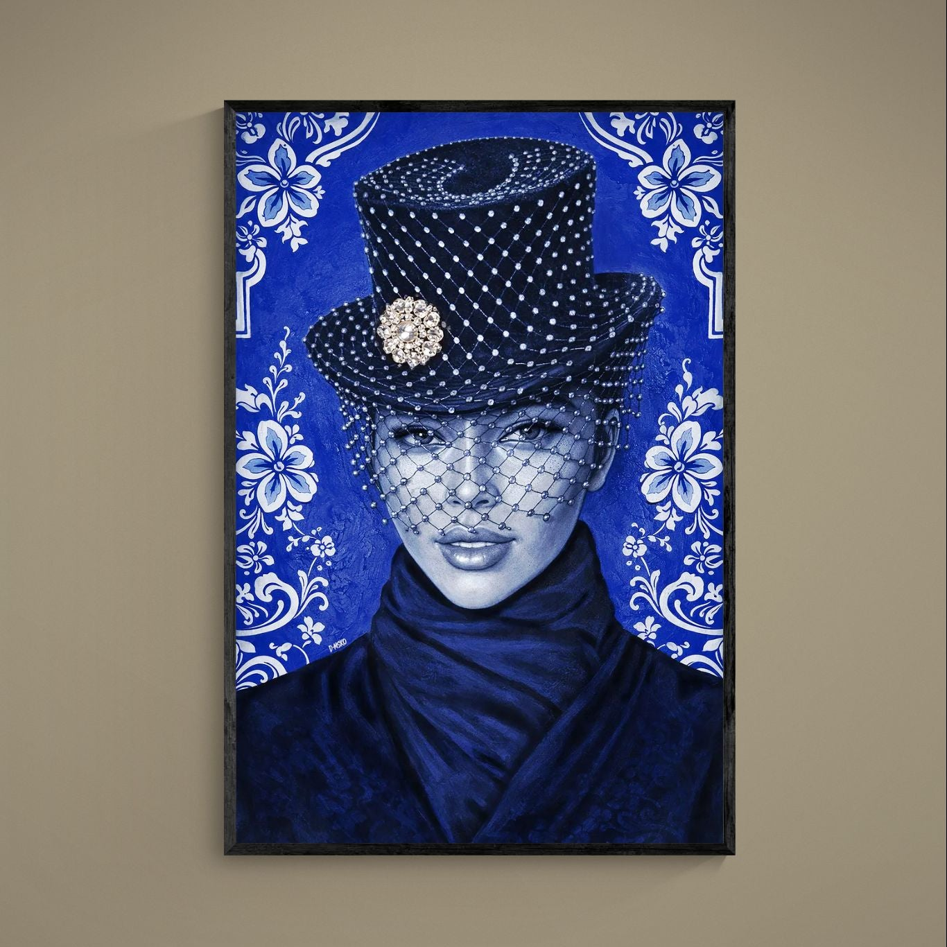 Blue-toned female portrait in veiled top hat with gold brooch and white Delft floral border