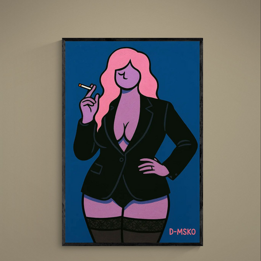 Pop art femme portrait with pink hair, purple skin, navy background and bold black outlines